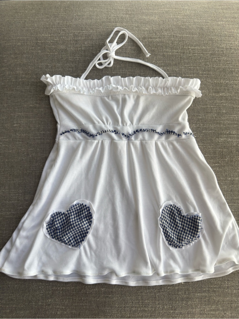 White Girls' Halter Top with Navy Gingham Heart Pockets